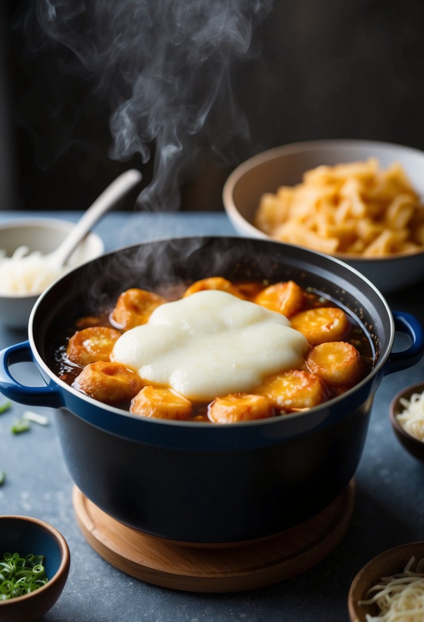 A bubbling pot of tteokbokki with melted mozzarella cheese on top