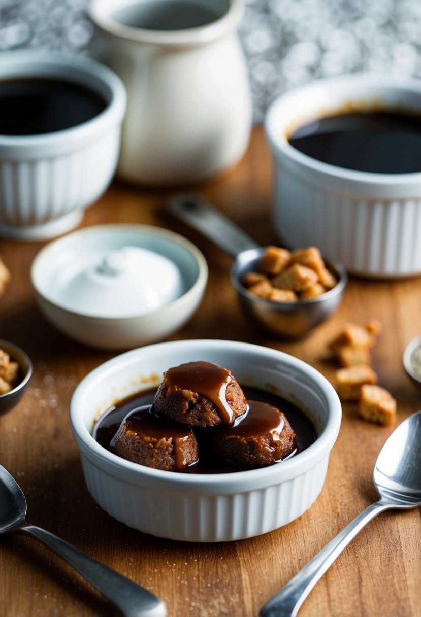 A small microwave-safe dish with two servings of sticky toffee pudding, surrounded by ingredients and utensils