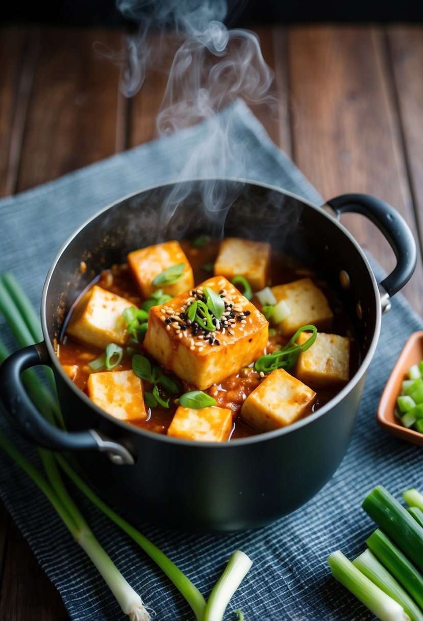 A steaming pot of vegan Tteokbokki with tofu, simmering in a spicy, savory sauce, garnished with green onions and sesame seeds