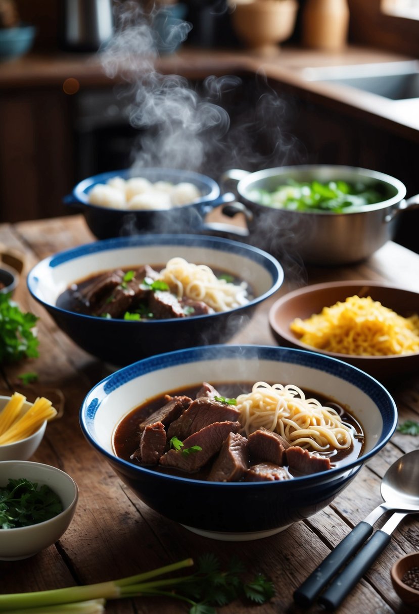 A cozy kitchen with two steaming bowls of beef and noodles on a rustic wooden table, surrounded by ingredients and cooking utensils