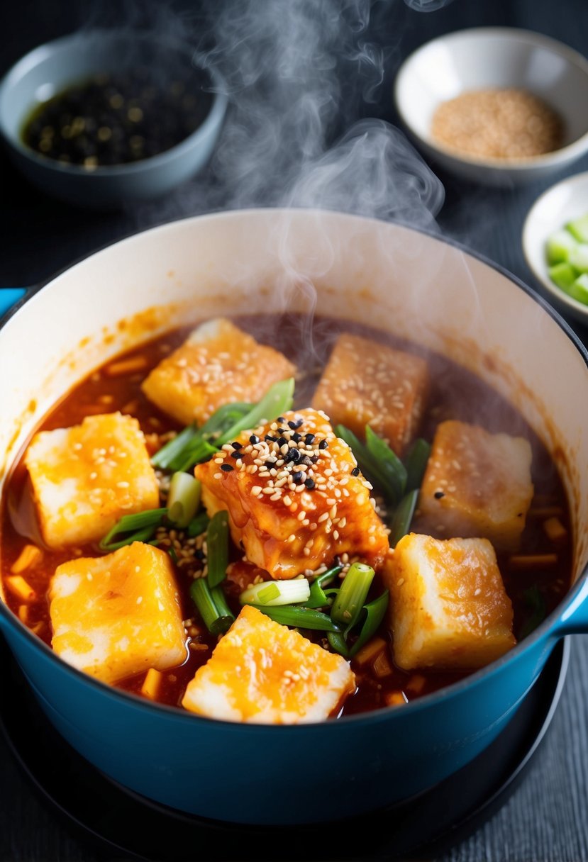 A steaming pot of tteokbokki simmering with spicy gochujang sauce, chunks of rice cake, and garnished with sesame seeds and green onions