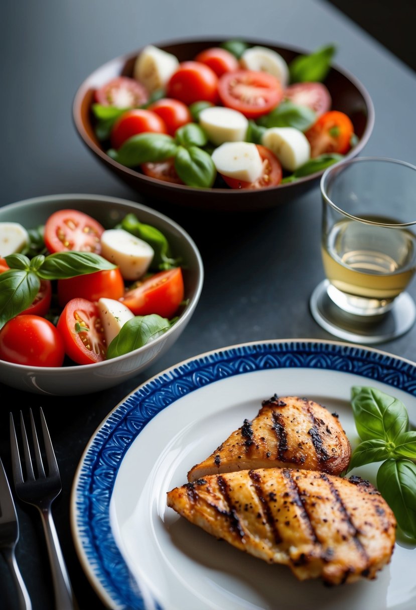 A table set for two with a bowl of fresh tomato, mozzarella, and basil salad next to grilled chicken on a plate