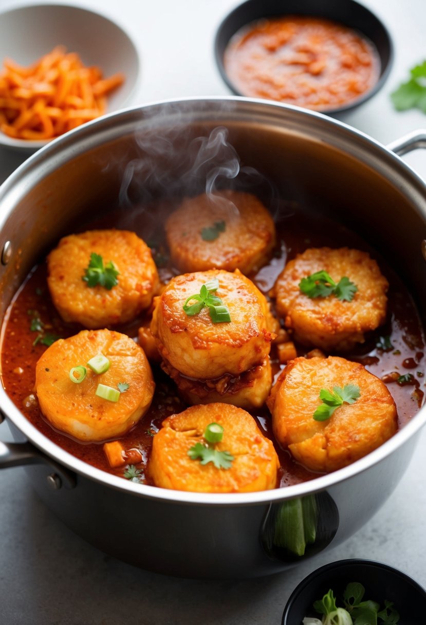 A steaming pot of tteokbokki filled with fish cakes, simmering in a spicy red sauce