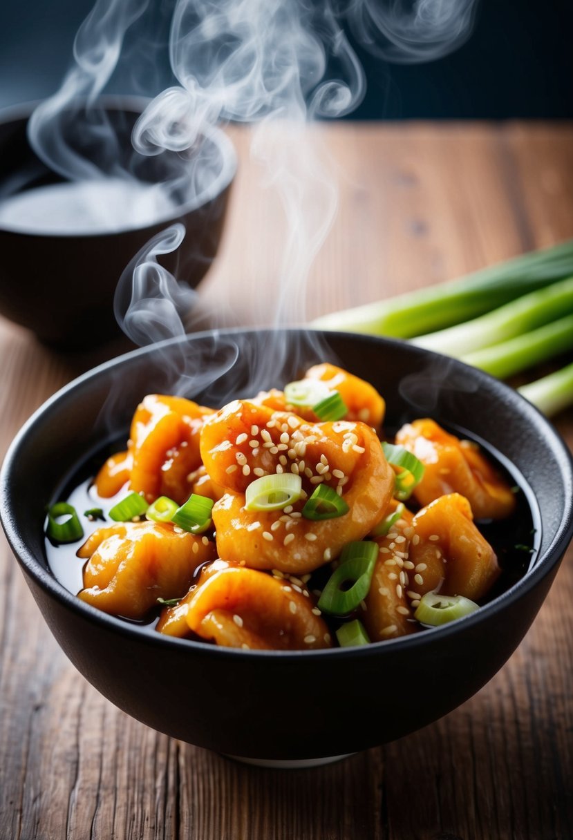 A bowl of Tteokbokki simmering in soy sauce, garnished with sesame seeds and green onions, steam rising from the dish