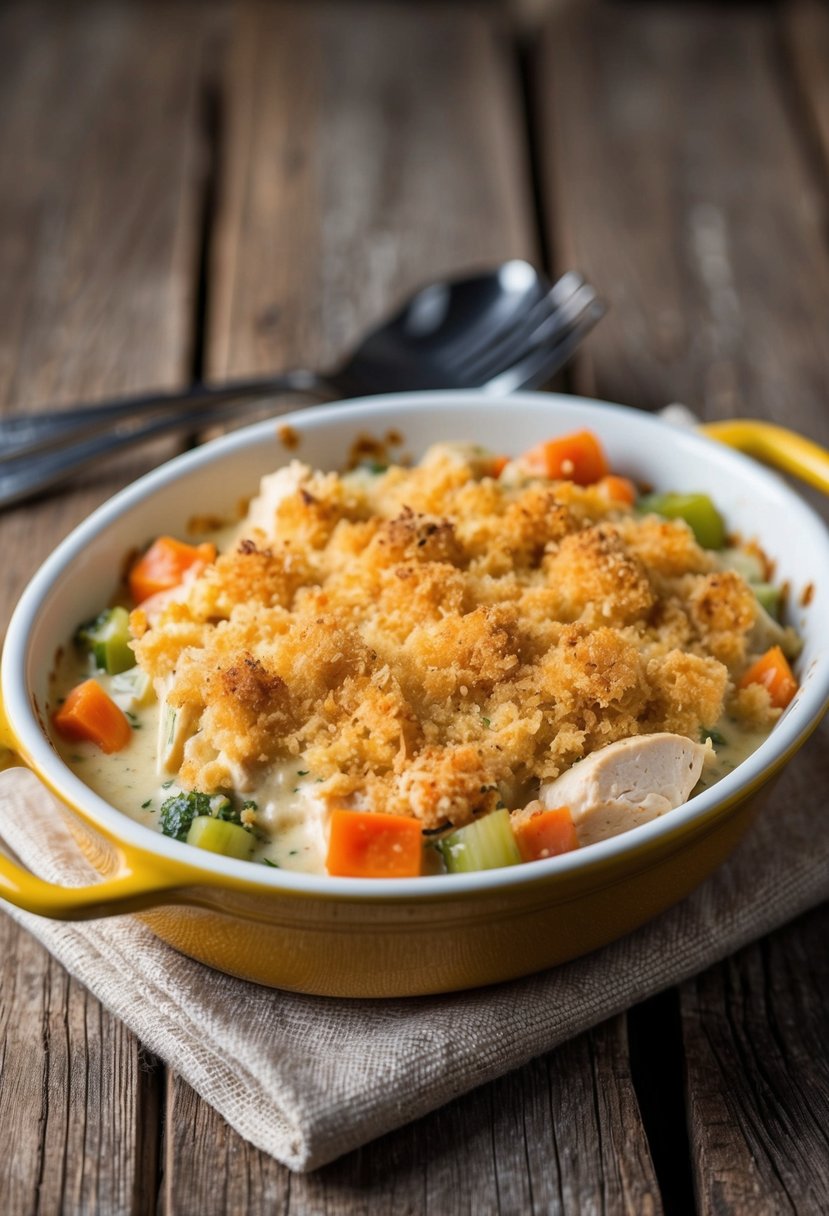 A small casserole dish filled with creamy chicken and vegetable mixture, topped with a golden brown breadcrumb crust, sitting on a rustic wooden table