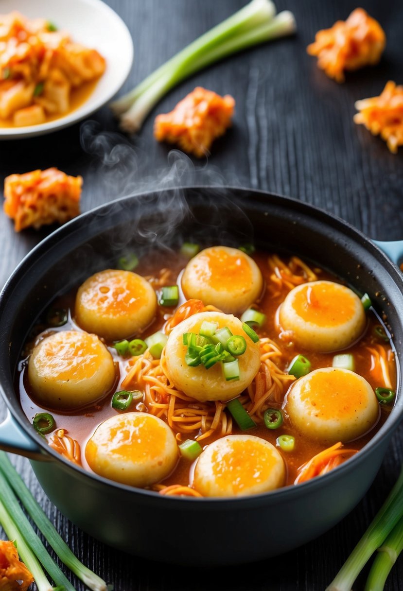 A steaming pot of tteokbokki in kimchi broth, with chewy rice cakes and spicy sauce, surrounded by floating pieces of kimchi and green onions