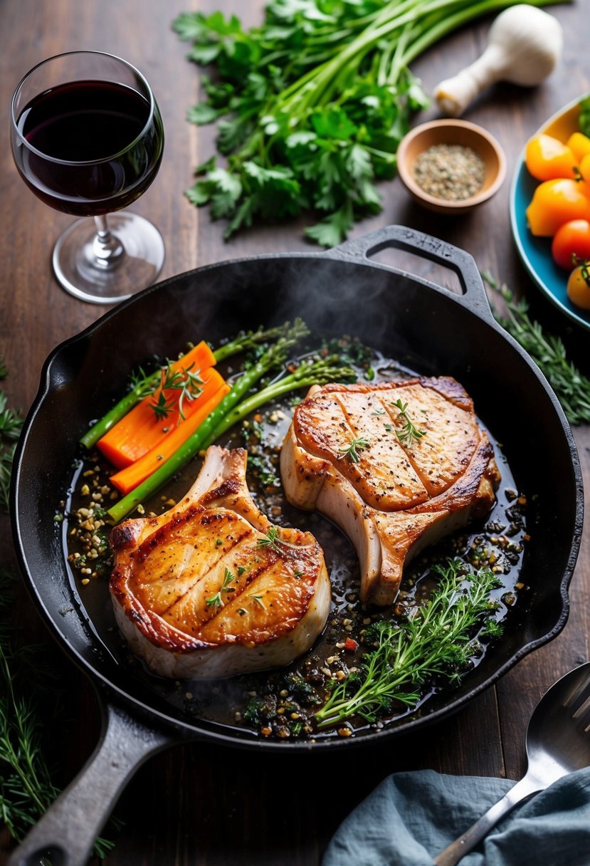 Two juicy pork chops sizzling in a hot skillet, surrounded by fresh herbs and spices, with a side of colorful vegetables and a glass of red wine