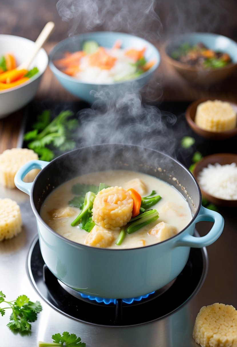 A steaming pot of creamy Tteokbokki with coconut milk simmering on a stovetop, surrounded by scattered ingredients like rice cakes and vegetables