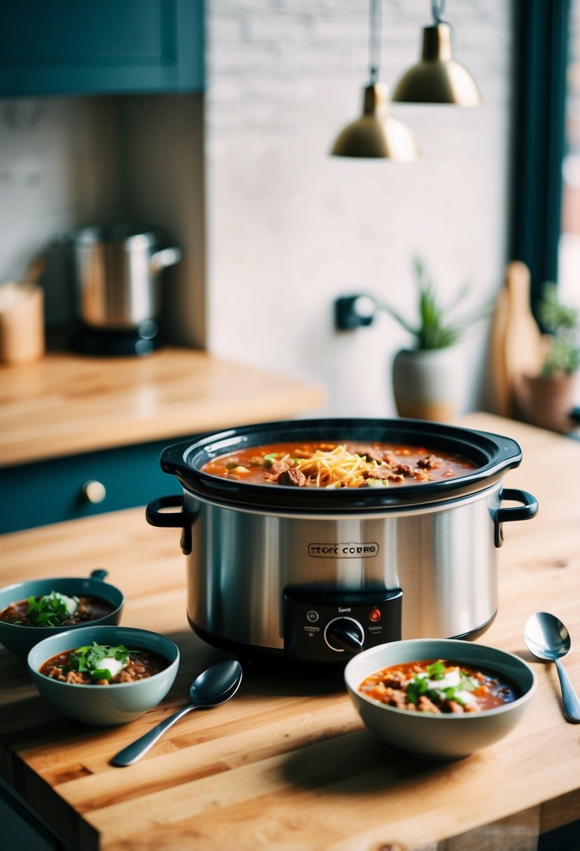 A small slow cooker simmering with taco soup, surrounded by two bowls and spoons on a cozy kitchen counter