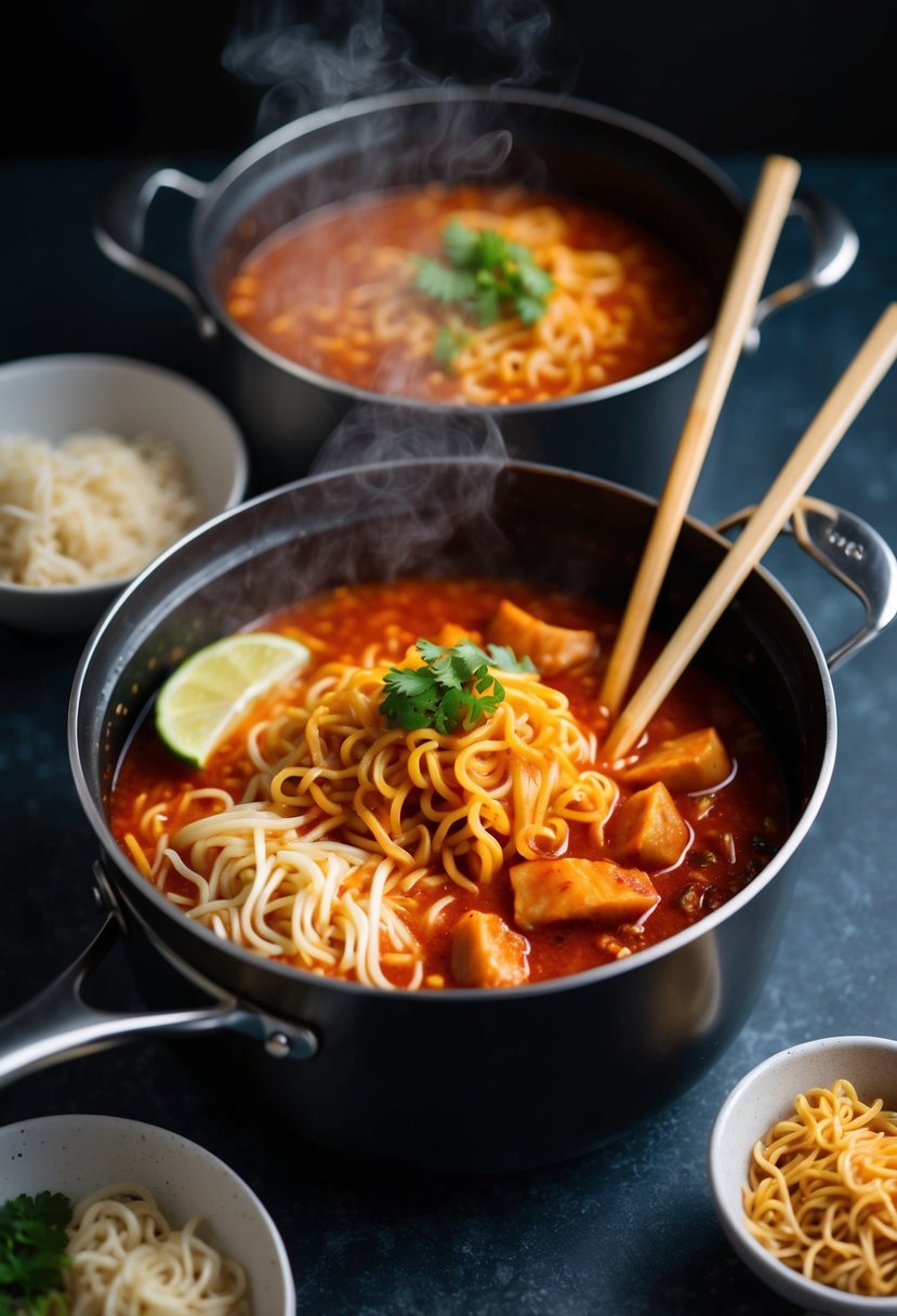 A steaming pot of tteokbokki and ramen noodles simmering in a spicy red sauce, with chopsticks resting on the side