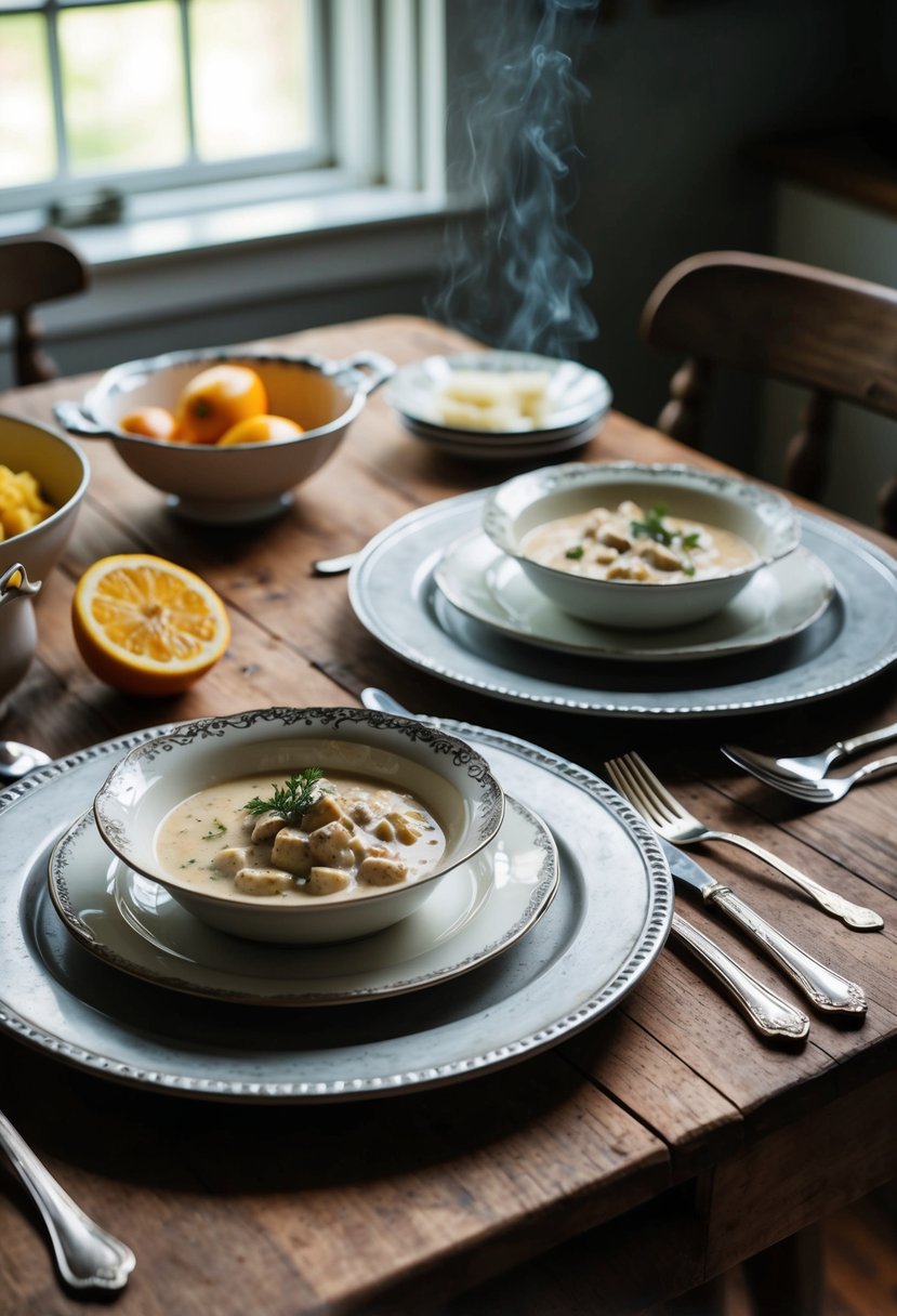 A rustic kitchen table set for two with vintage plates, silverware, and a steaming dish of classic Southern dressing