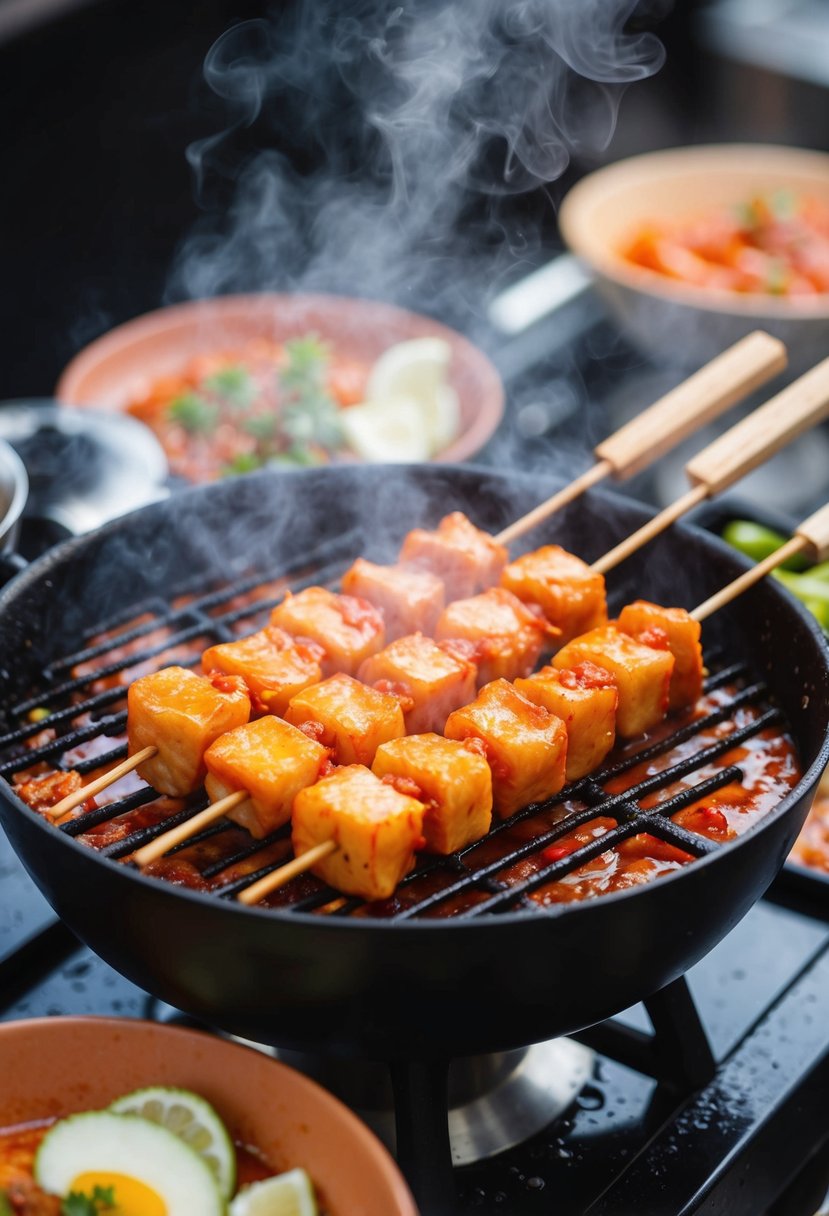 A sizzling grill with skewers of tteokbokki, bubbling in a spicy red sauce, surrounded by steam and the aroma of Korean street food