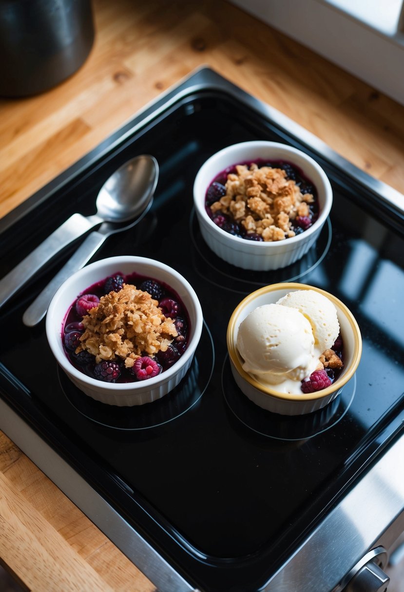 A small stovetop with two individual servings of berry crisp in ceramic ramekins, topped with a golden crumble and a scoop of vanilla ice cream