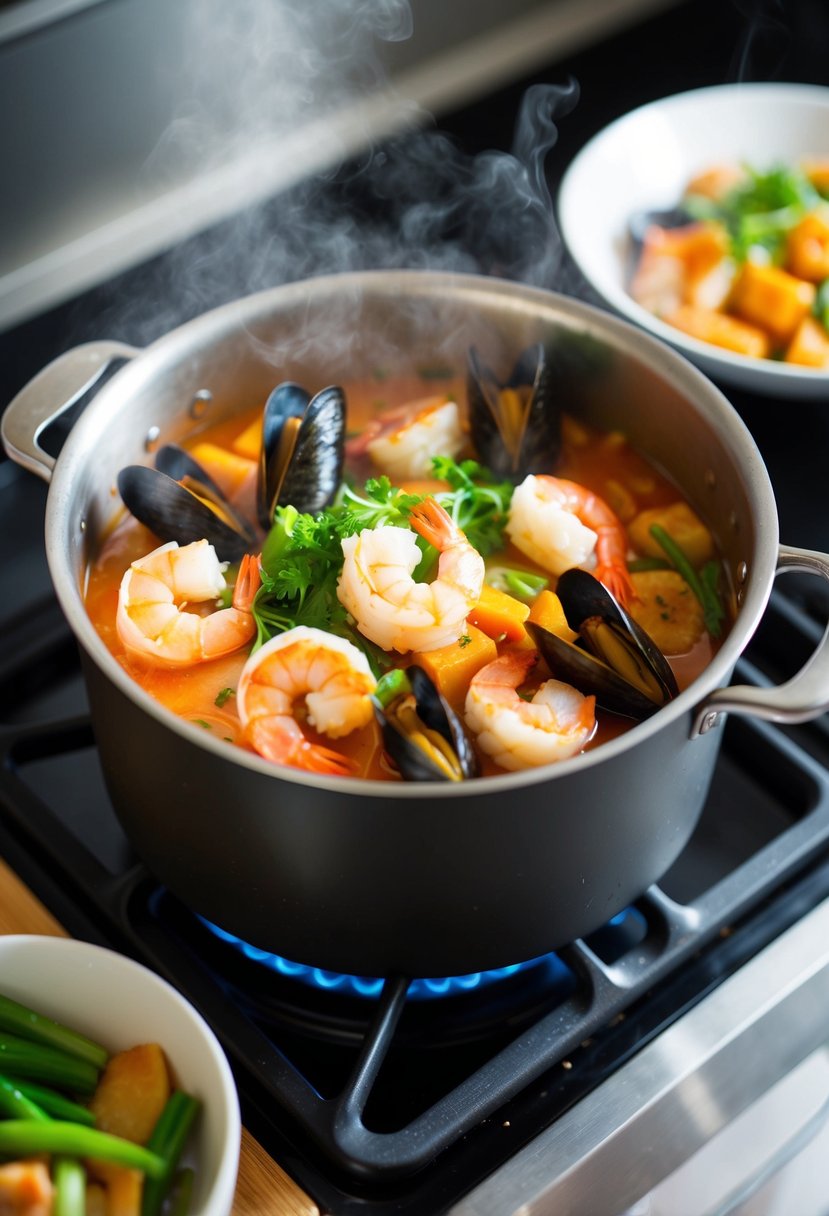 A steaming pot of seafood tteokbokki simmering on a stove, filled with chewy rice cakes, shrimp, mussels, and vegetables