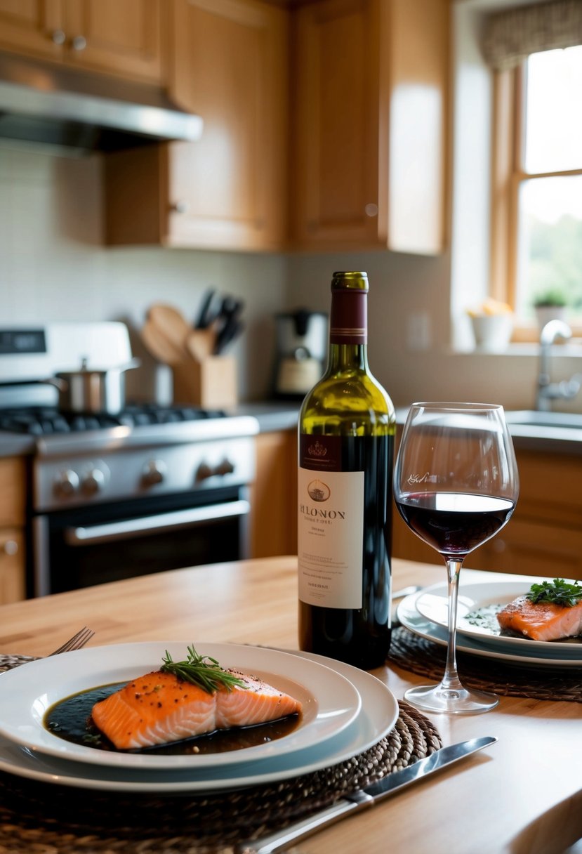 A cozy kitchen with two place settings, a sizzling salmon dish on the table, and a bottle of wine ready to be poured