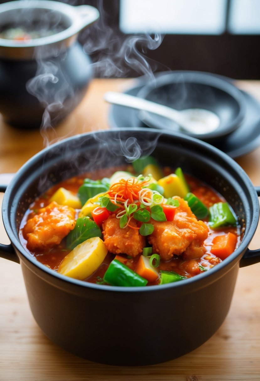 A steaming pot of tteokbokki with assorted vegetables simmering in a spicy red sauce