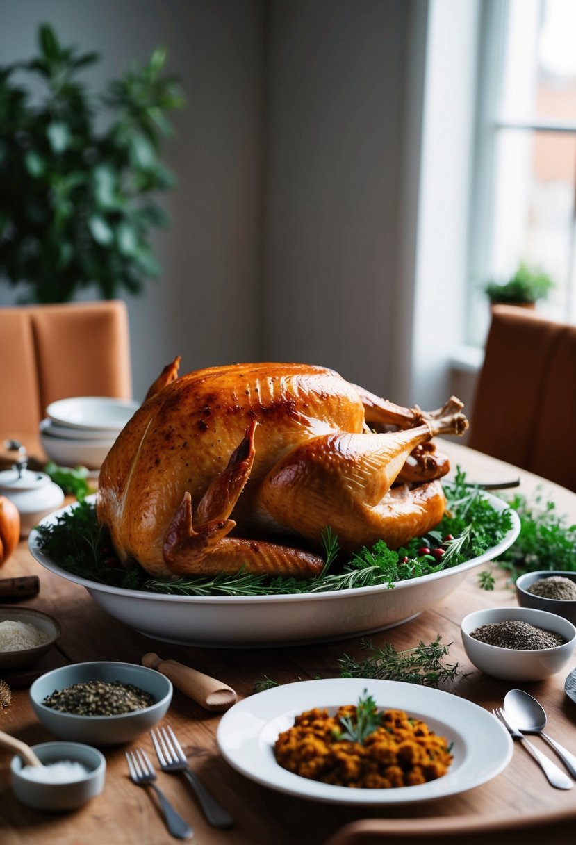 A table set with a roasted turkey surrounded by herbs, spices, and various cooking utensils