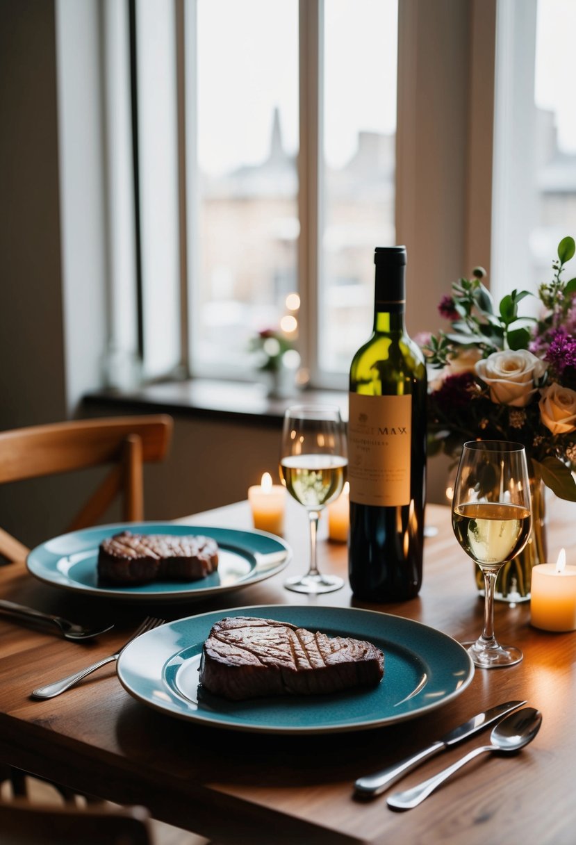 A table set for two with two plates of Steak au Poivre, accompanied by a bottle of wine, candles, and a bouquet of flowers