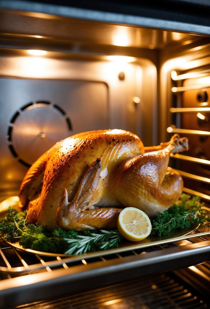 A golden-brown turkey, surrounded by fresh herbs and lemon slices, roasting in a large oven