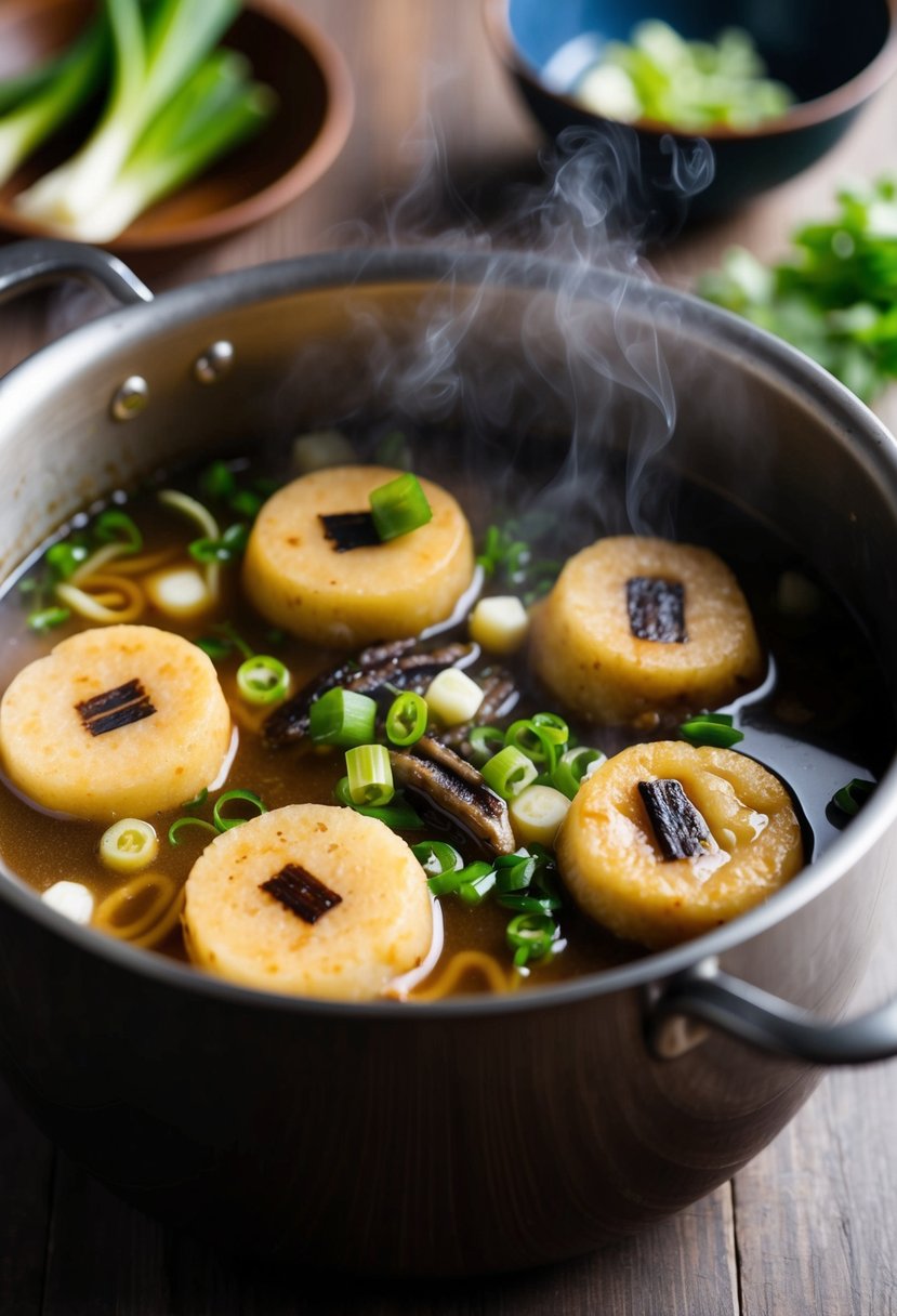 A steaming pot of tteokbokki simmering in a savory anchovy broth, with chewy rice cakes and green onions floating in the bubbling liquid