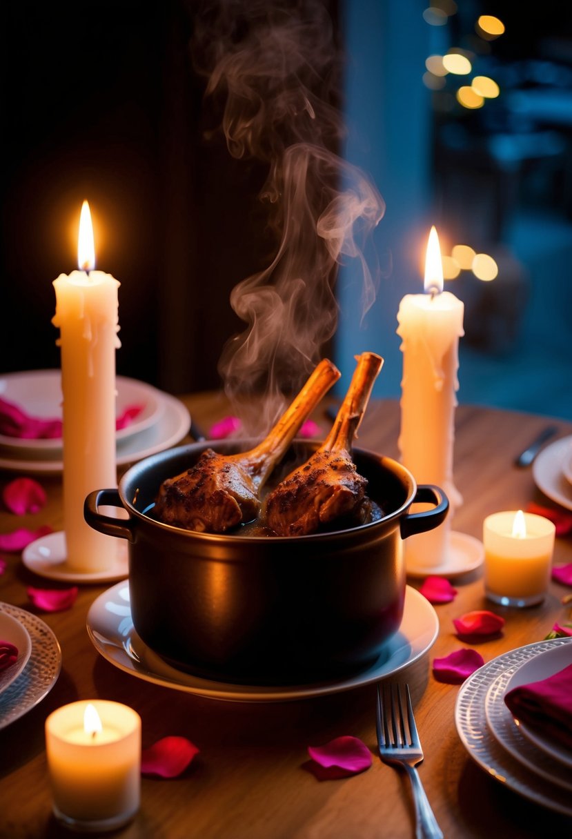 A candlelit table set for two, with a steaming pot of lamb shanks surrounded by rose petals and soft lighting