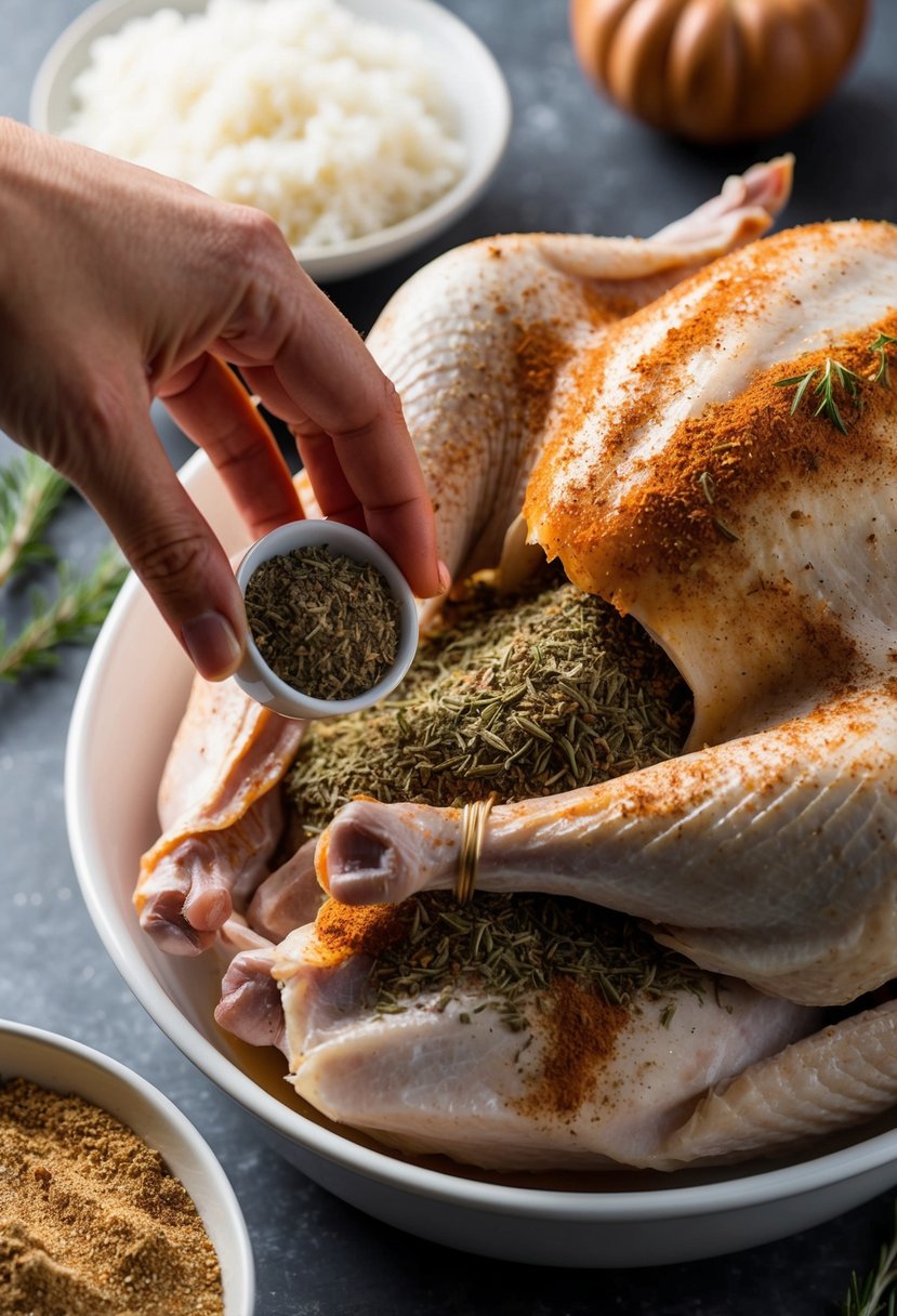 A hand reaching into a bowl of spices and herbs, preparing to rub them onto a whole turkey