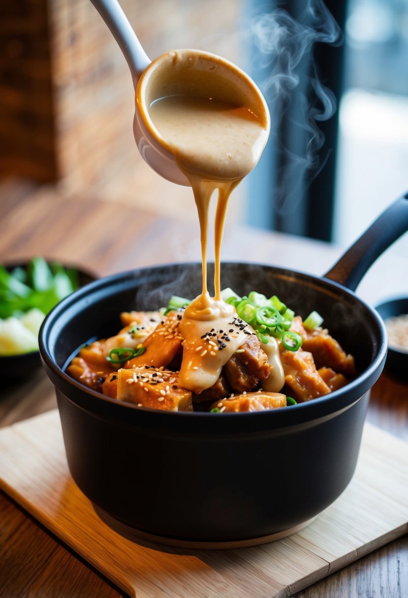 A steaming pot of tteokbokki sits on a wooden table, drizzled with rich, creamy peanut sauce and garnished with sesame seeds and green onions