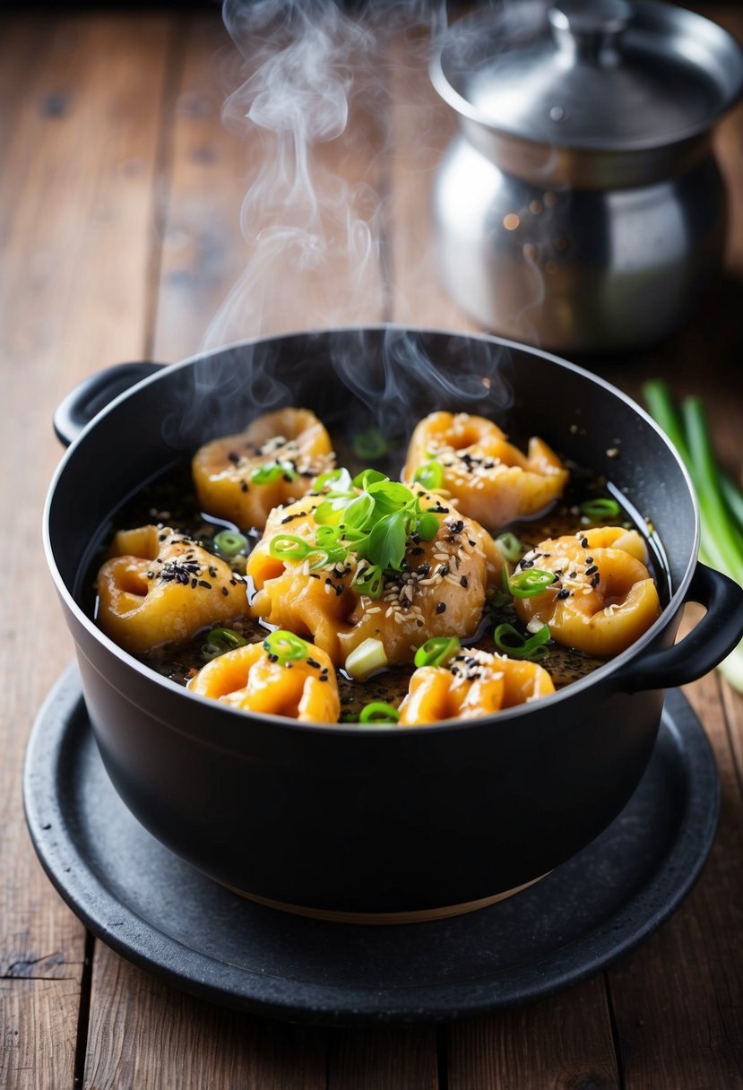 A steaming pot of gourmet tteokbokki with truffle oil, topped with sesame seeds and green onions, sits on a rustic wooden table