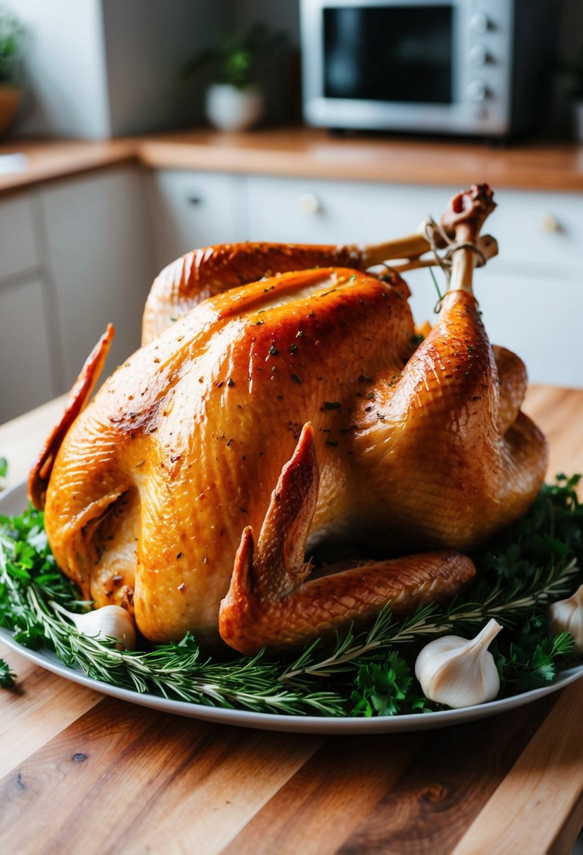 A golden roasted turkey surrounded by fresh herbs and garlic cloves