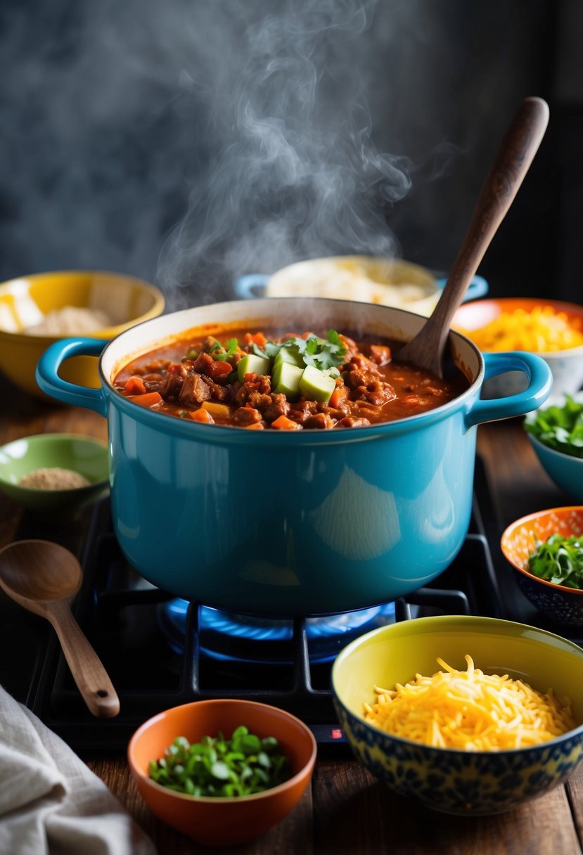 A steaming pot of chipotle turkey chili simmers on the stove, surrounded by colorful bowls of fresh ingredients and a rustic wooden spoon