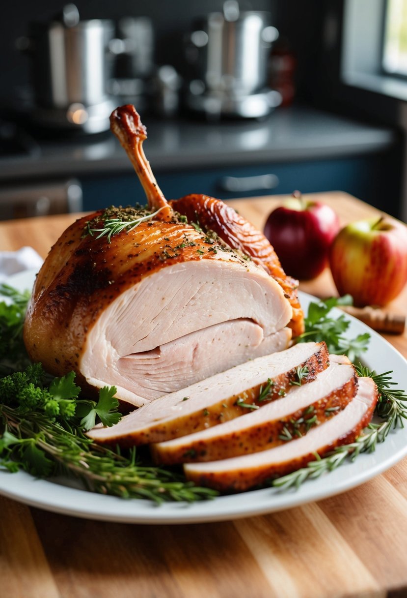 A platter of sliced Smoked Applewood Turkey with herbs and spices