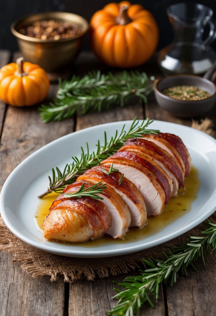 A platter of bacon-wrapped turkey breast with rosemary garnish on a rustic wooden table