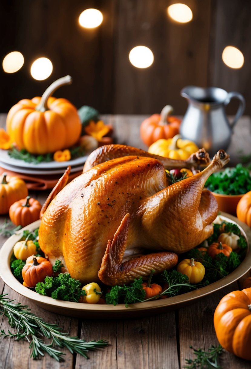 A golden-brown roasted turkey surrounded by autumnal vegetables and herbs on a rustic wooden table