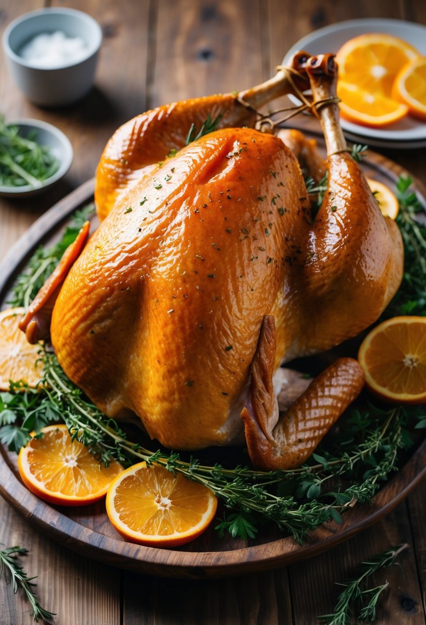 A golden-brown turkey, glistening with a sticky orange-bourbon glaze, surrounded by sprigs of fresh herbs and slices of citrus fruit on a rustic wooden platter