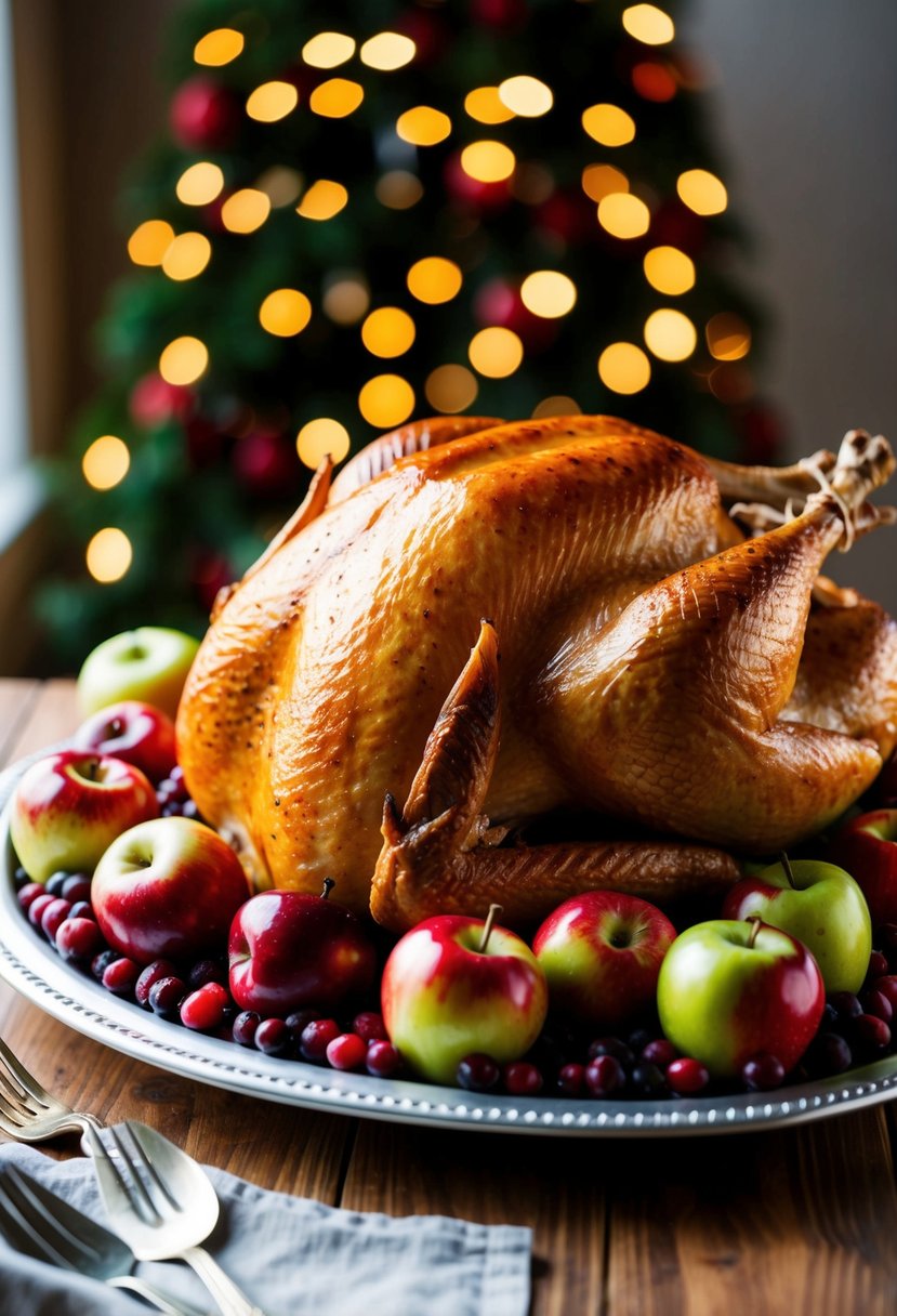 A roasted turkey surrounded by cranberries and apples on a serving platter