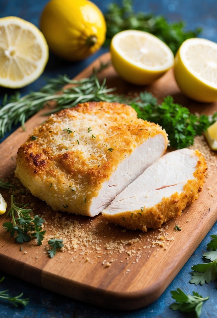 A golden-brown turkey cutlet coated in parmesan sits on a wooden cutting board, surrounded by fresh herbs and lemon wedges