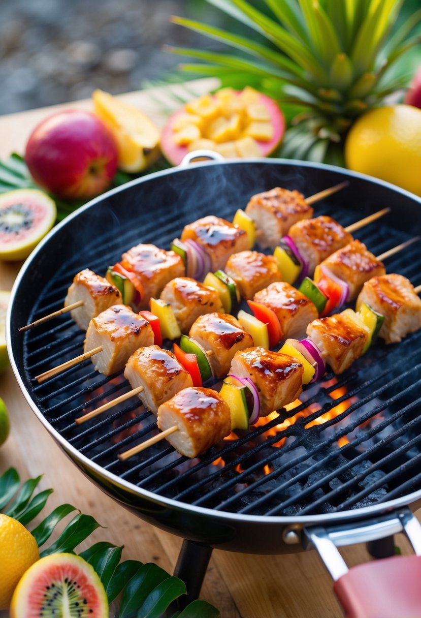 A sizzling grill with succulent turkey skewers coated in Hawaiian teriyaki sauce, surrounded by vibrant tropical fruits and greenery