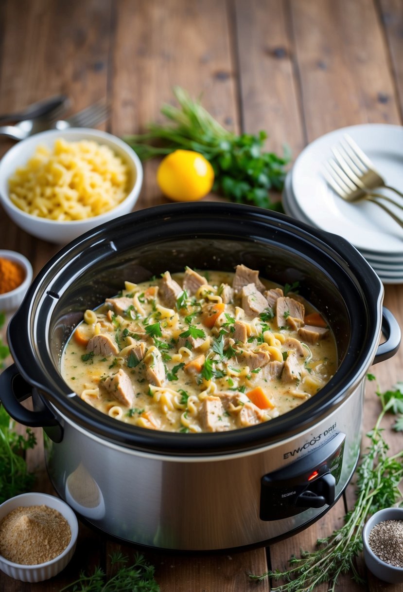 A slow-cooker filled with creamy turkey tetrazzini, surrounded by fresh herbs and spices