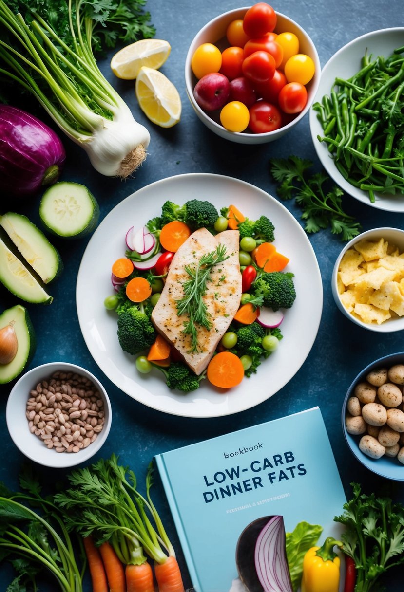 A table set with a variety of colorful vegetables, lean proteins, and healthy fats, alongside a cookbook of low-carb dinner recipes