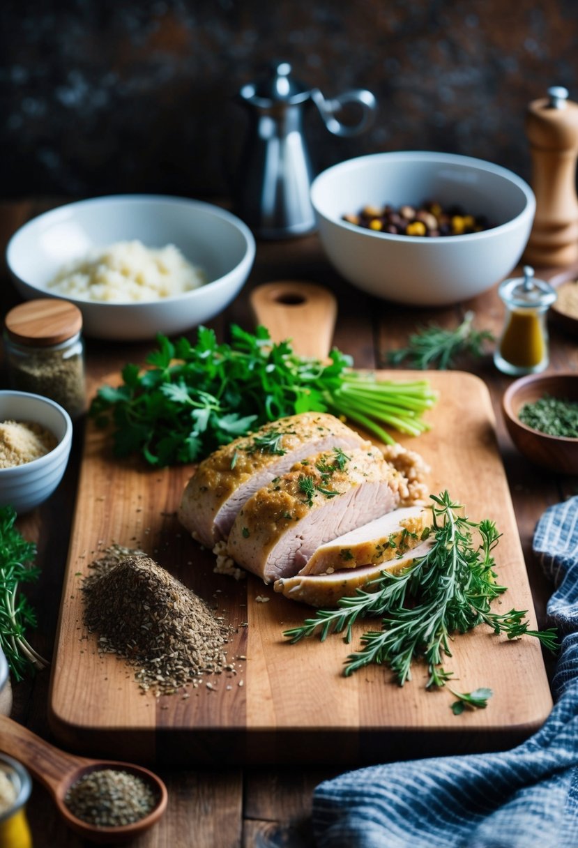 A rustic kitchen with a wooden cutting board, fresh herbs, and ground turkey, surrounded by Mediterranean spices and ingredients