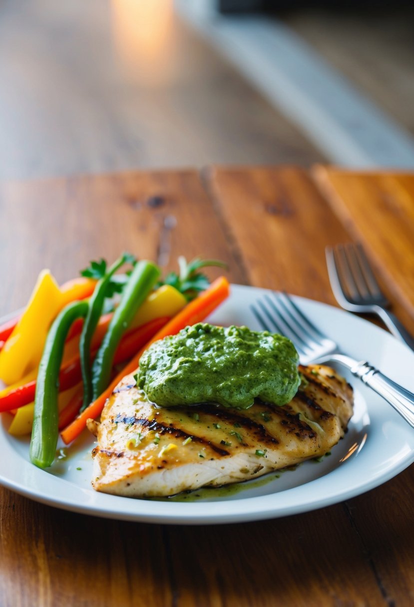 A plate of grilled chicken topped with pesto sauce, accompanied by colorful low-carb vegetables, sits on a wooden table