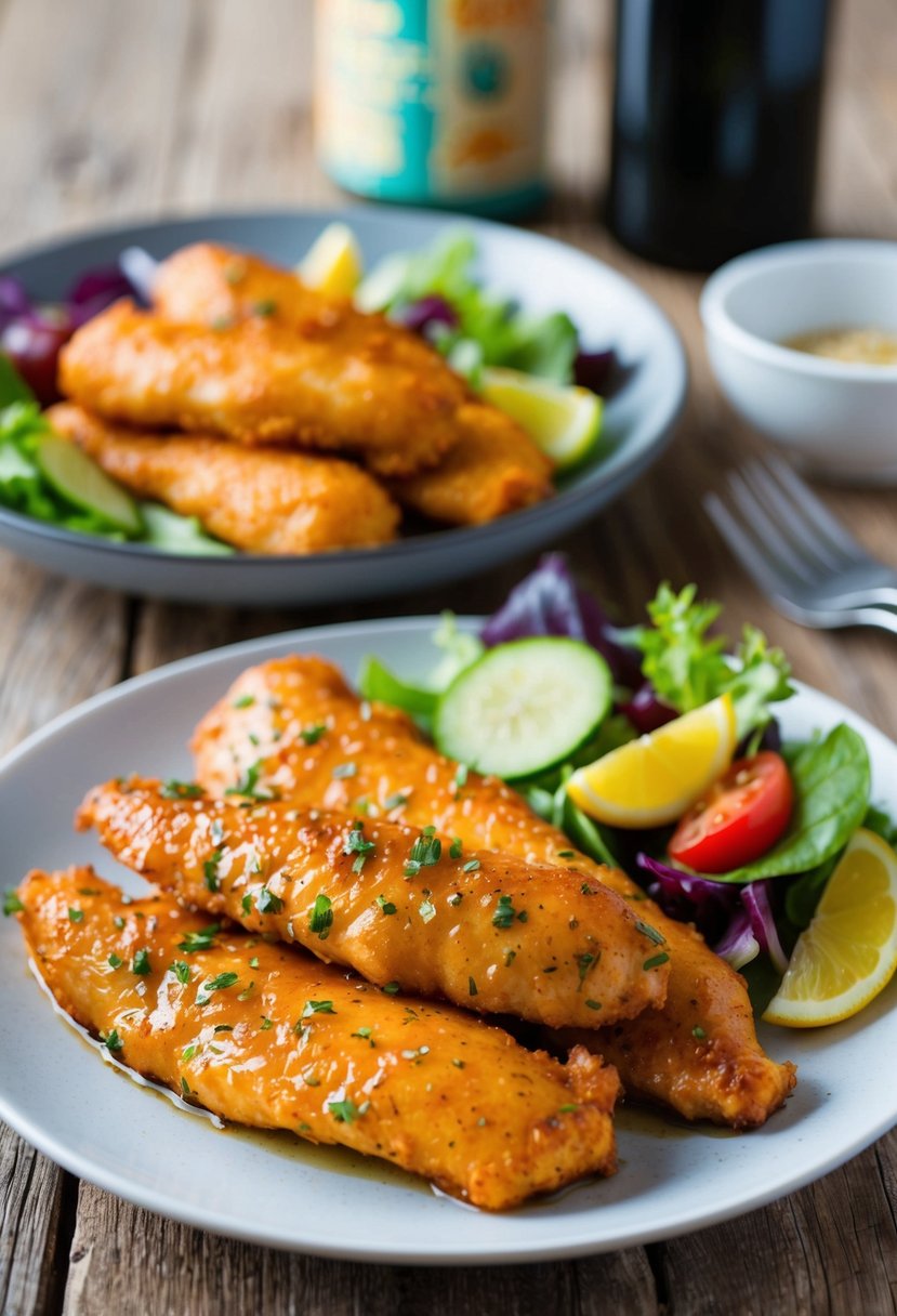 A plate of marinated chicken tenders served with a colorful salad on the side