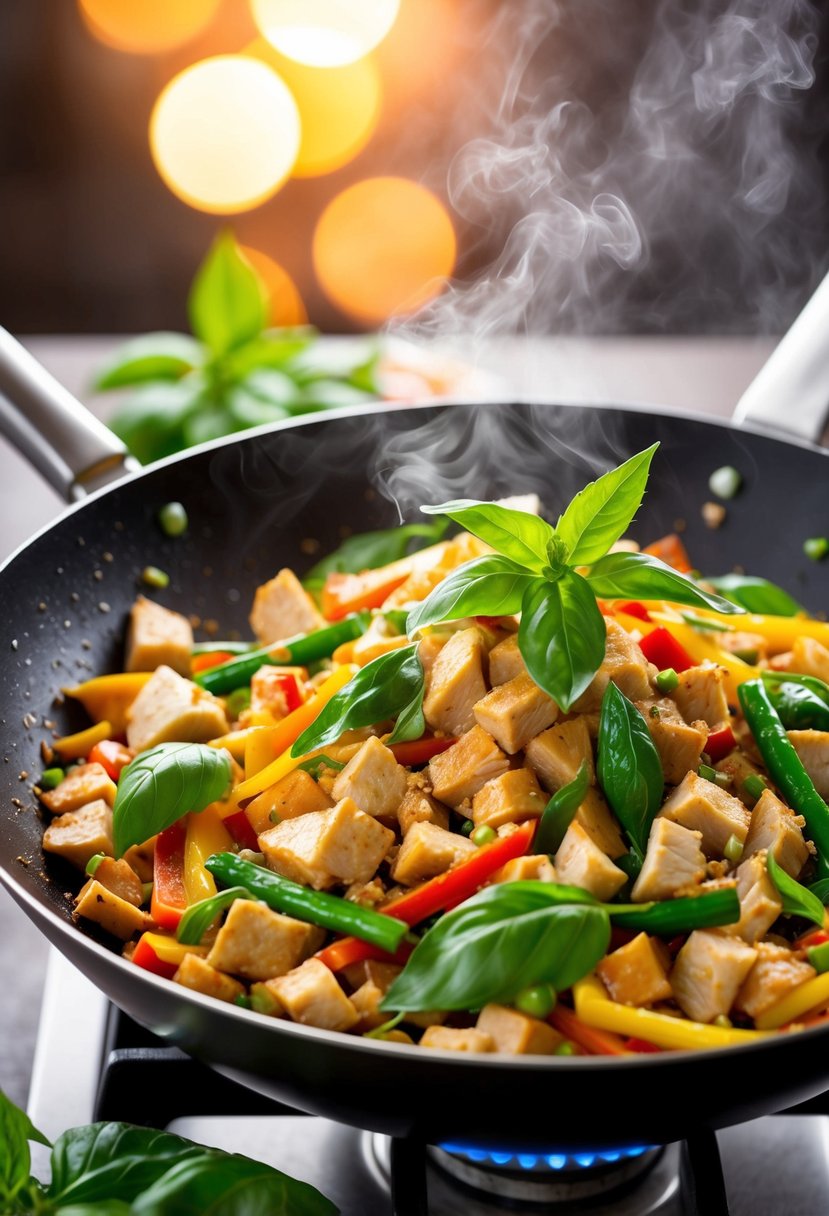 A sizzling wok filled with diced turkey, vibrant Thai basil leaves, and colorful stir-fry vegetables, emitting fragrant aromas