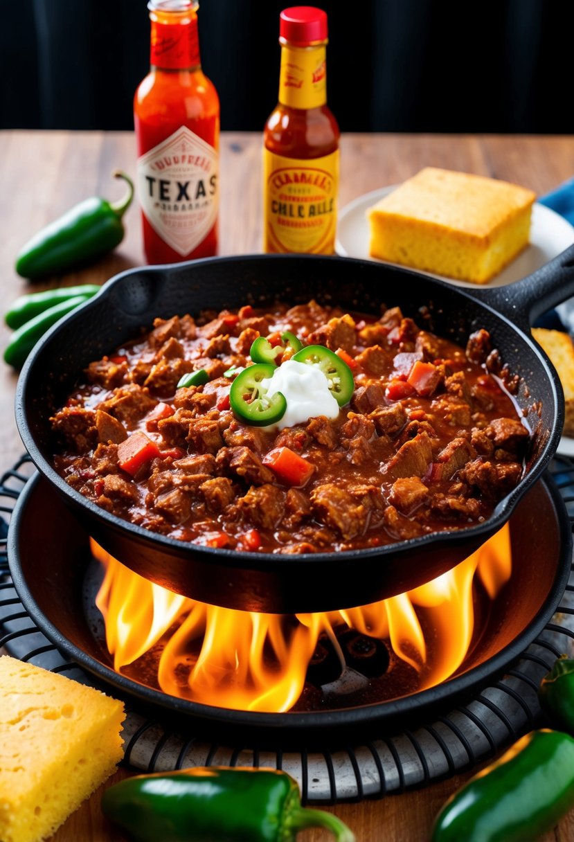 A sizzling skillet of Texas chili con carne bubbling over an open flame, surrounded by fresh jalapenos, cornbread, and a bottle of hot sauce