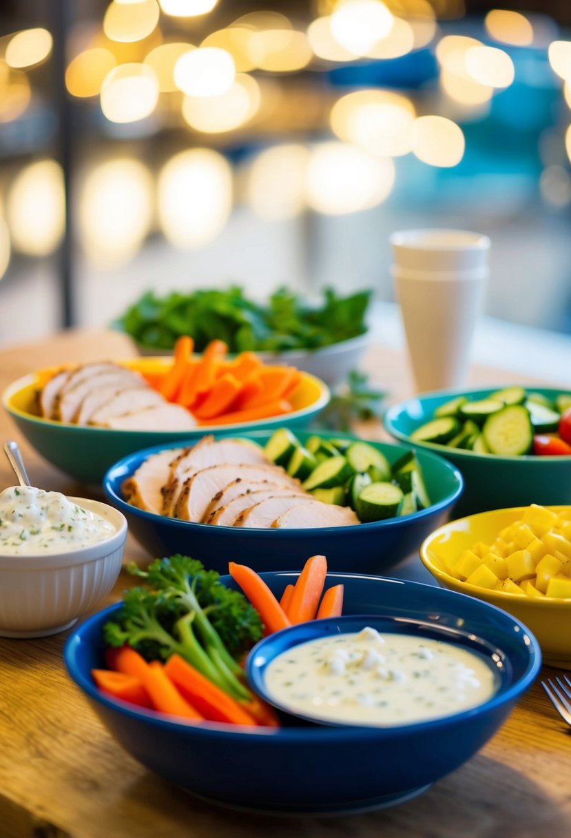 A table set with colorful bowls of sliced turkey, fresh vegetables, and a side of tzatziki sauce