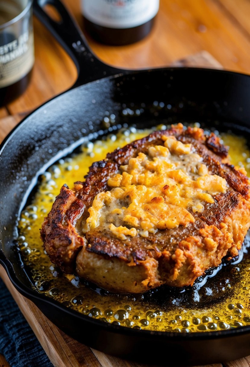 A sizzling chicken-fried steak being prepared in a cast iron skillet, surrounded by bubbling oil and a golden, crispy crust