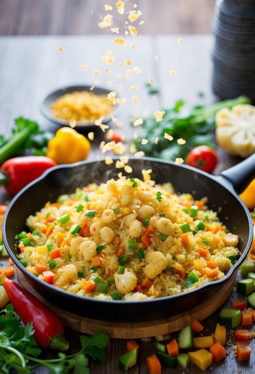 A sizzling skillet of cauliflower fried rice surrounded by colorful, chopped vegetables and seasonings, emitting a savory aroma