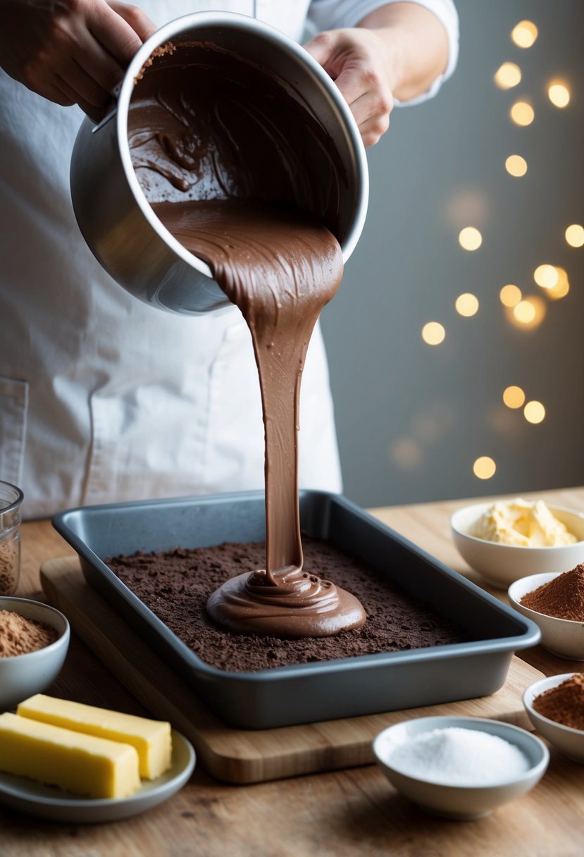 A baker pours chocolate batter into a sheet cake pan, surrounded by ingredients like cocoa powder, butter, and sugar