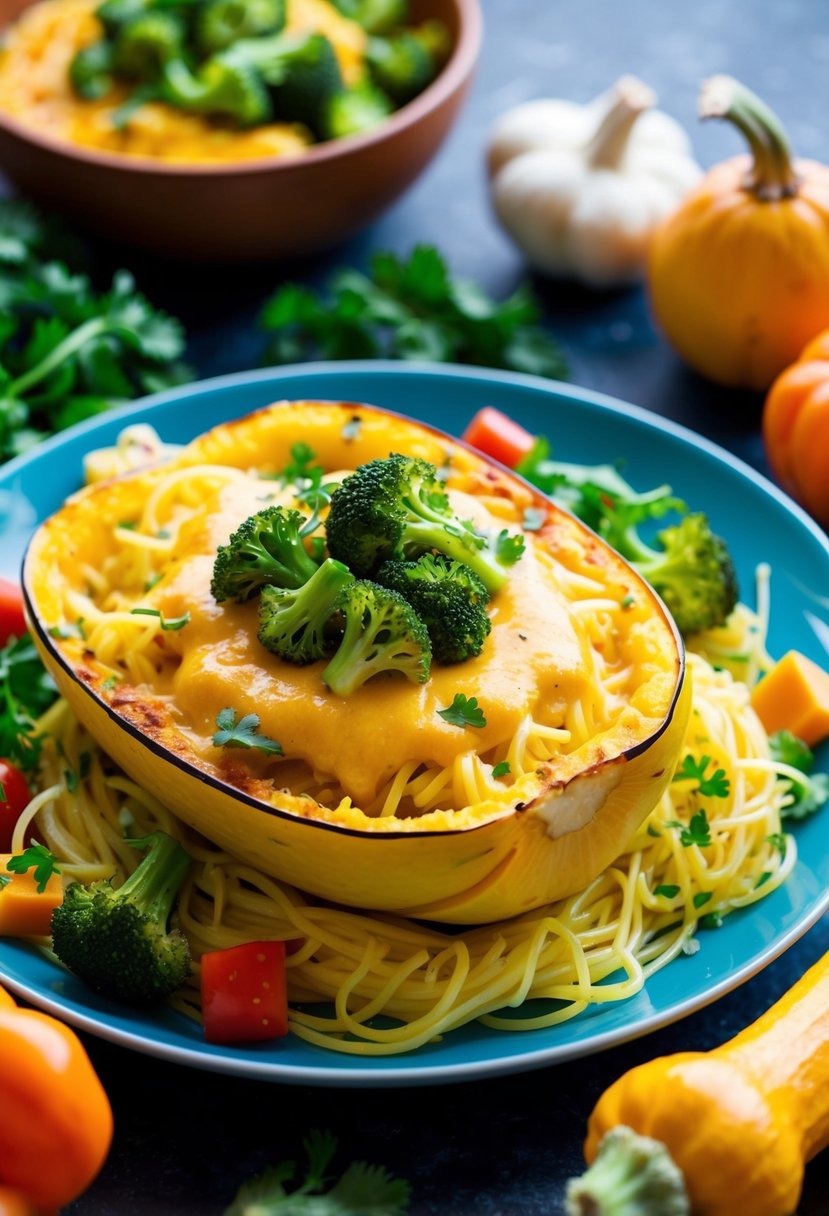 A colorful plate of spaghetti squash topped with cheesy broccoli cheddar sauce, surrounded by vibrant vegetables and herbs