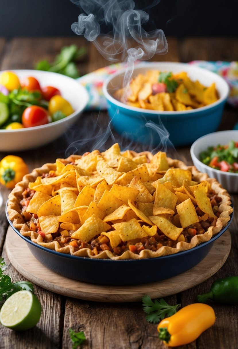 A steaming dish of Frito Pie surrounded by colorful Texan ingredients on a rustic wooden table